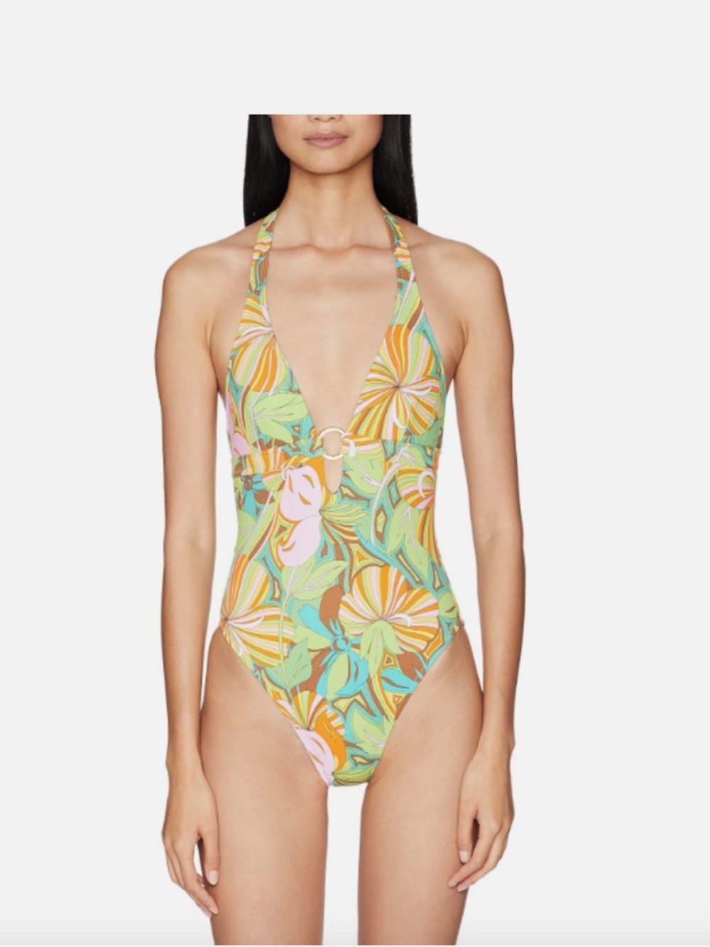 Letarte Mod Print Multi-Color Floral Halter One-Piece with Ring Detail